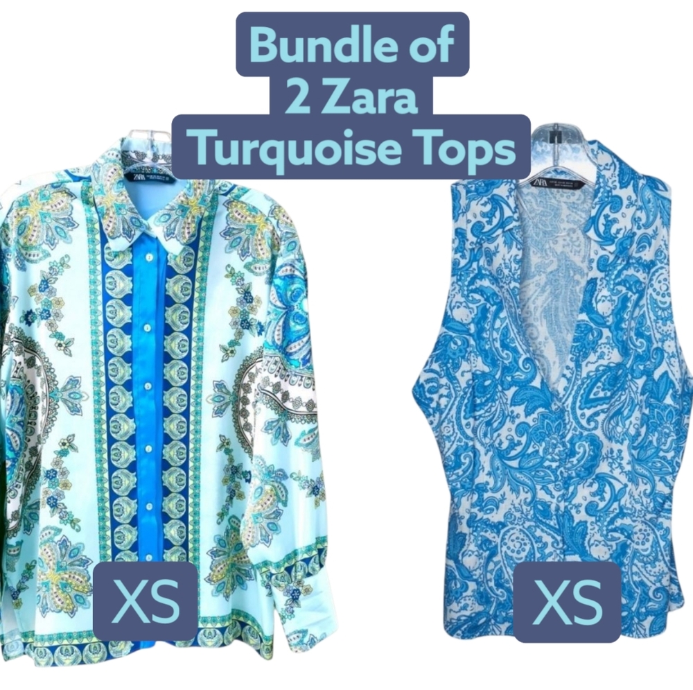 Zara Turquoise Sleeveless Linen Blend Peplum Top and Long Sleeve Satin Blouse XS